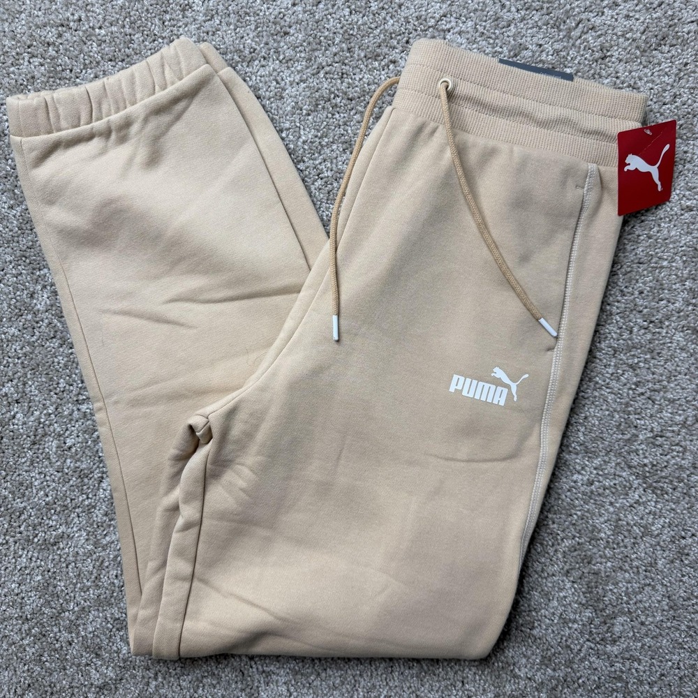 Puma Power Cargo Pants Mens Small Beige Fleece Joggers Elastic Waist Pockets